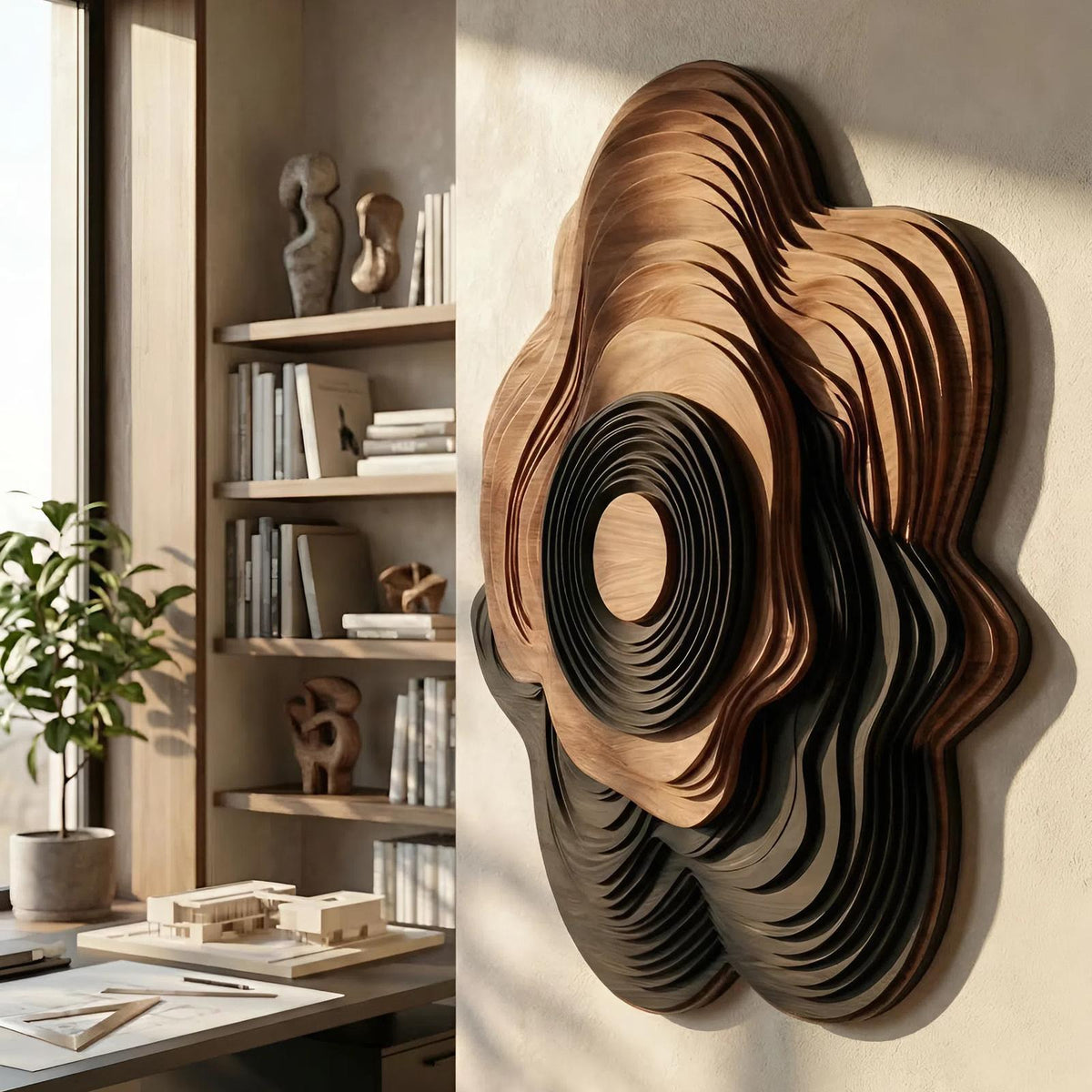 Spry Interior Mid Century Sculptural Wooden Wall Art Panel, Handcrafted Abstract Geometric Wood Sculpture for Living Room Wall Decor, SILDTTNWA057