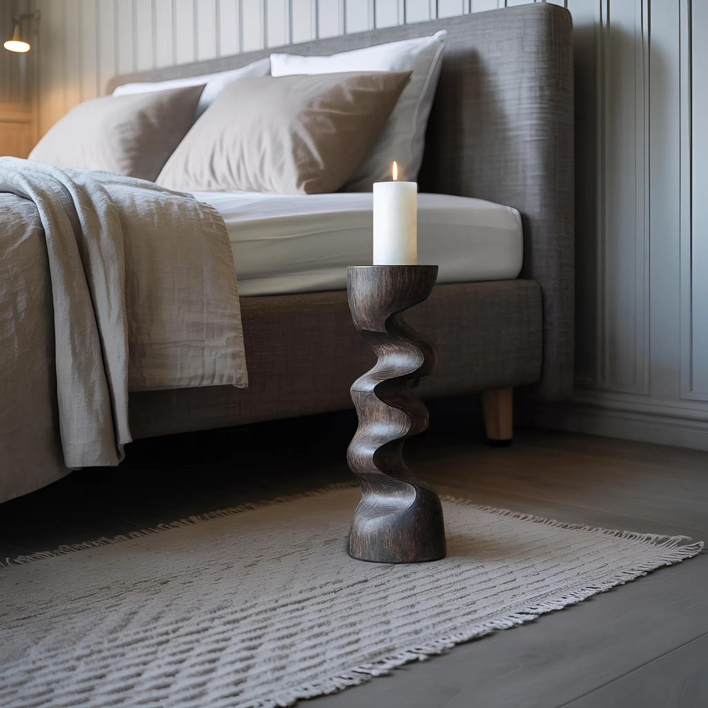 Rustic Wooden Candlestick Holder, Handcrafted Solid Wood Pillar Candle Stand for Bedroom Cozy Ambience Decor