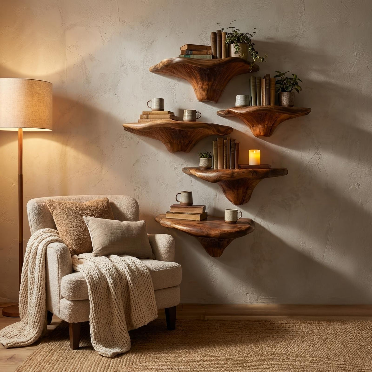 Handcrafted Wooden Live Edge Mushroom Shelf For Furniture Decor