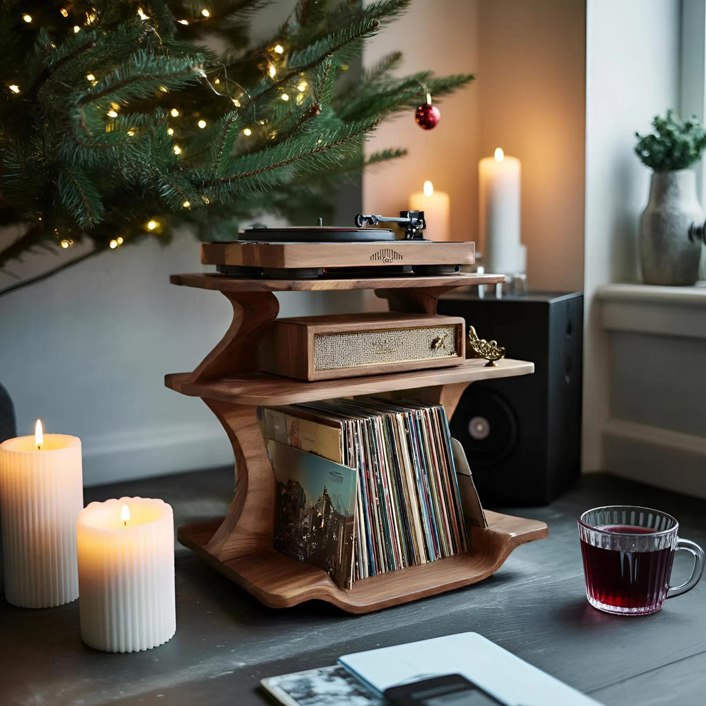 Mid Century Wooden Record Player Stand, Handcrafted LP Album Vinyl Storage Shelf for Christmas Home Decor