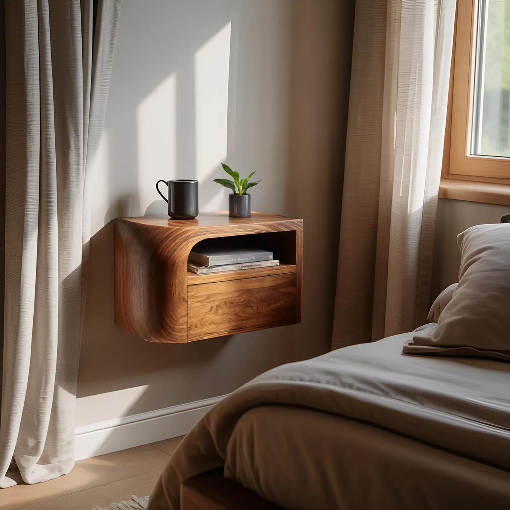 Spry Interior Modern Floating Nightstand, Minimalist Wall Mounted Wood Bedside Table with Drawer for Bedroom, Model RTTHHNNS008