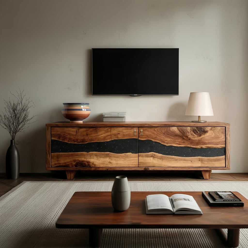Spry Interior Handcrafted Live Edge TV Cabinet, Rustic Solid Wood Media Console & Entertainment Center Stand, SILDTTNTVC092