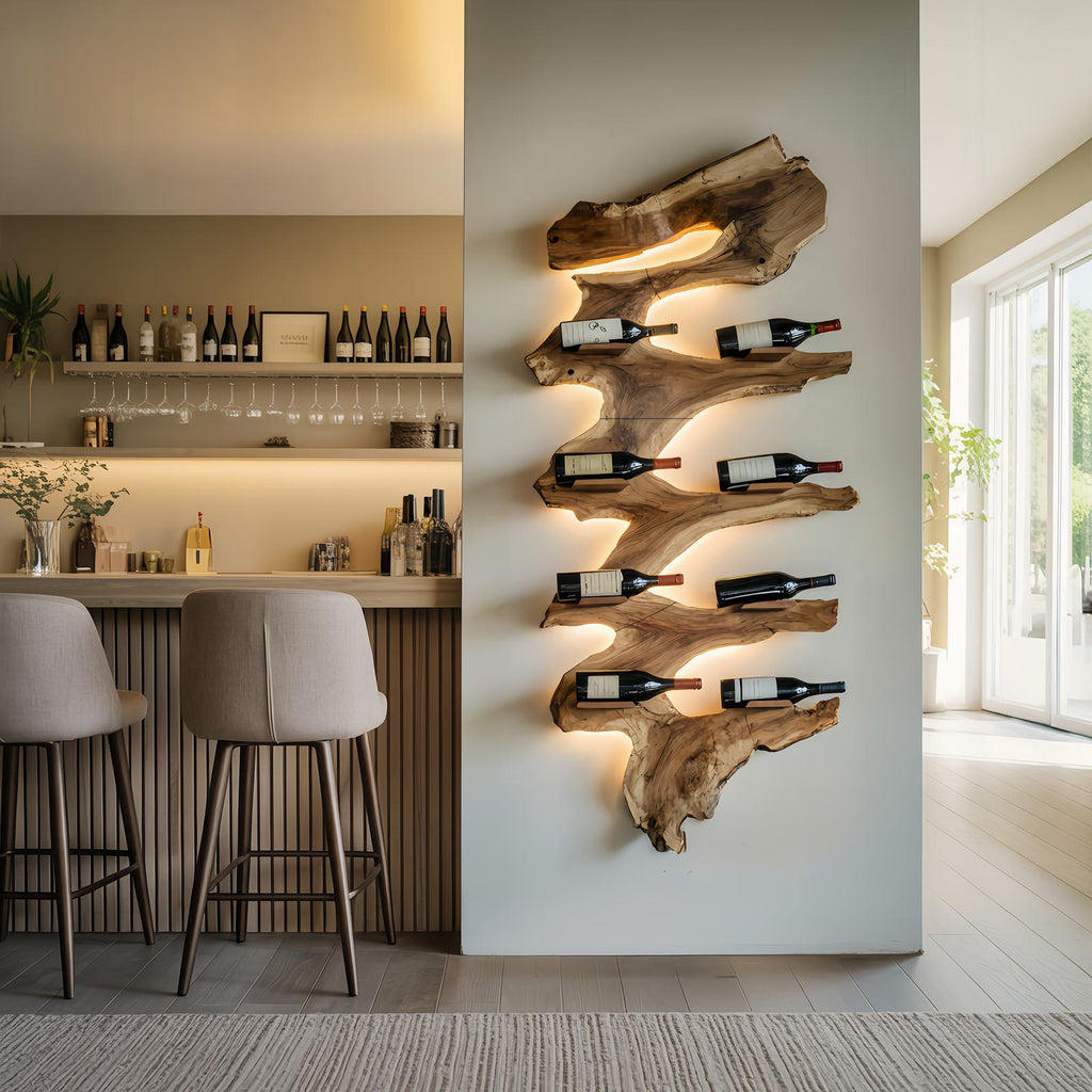 Modern Solid Wood Wine Rack, Handcrafted Wooden Wine Bottle Holder Shelf for Living Room