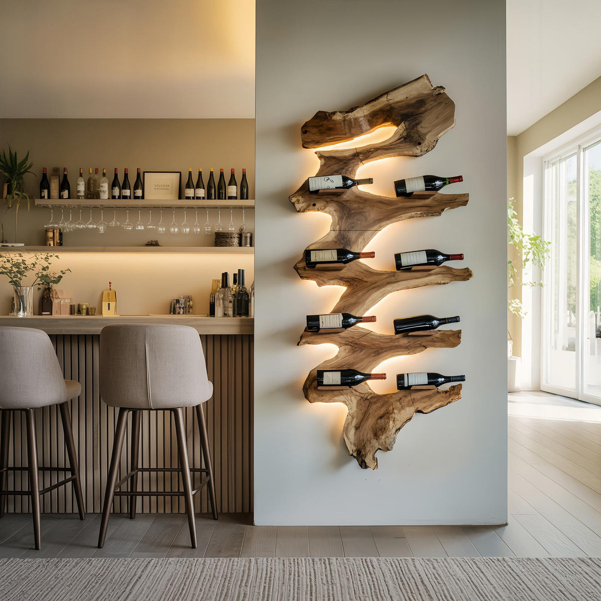 Modern Solid Wood Wine Rack, Handcrafted Wooden Wine Bottle Holder Shelf for Living Room