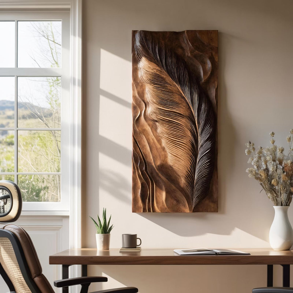 Hand-Carved Feather Wood Wall Art, 3D Natural Wooden Feather Sculpture Panel for Modern Living Room