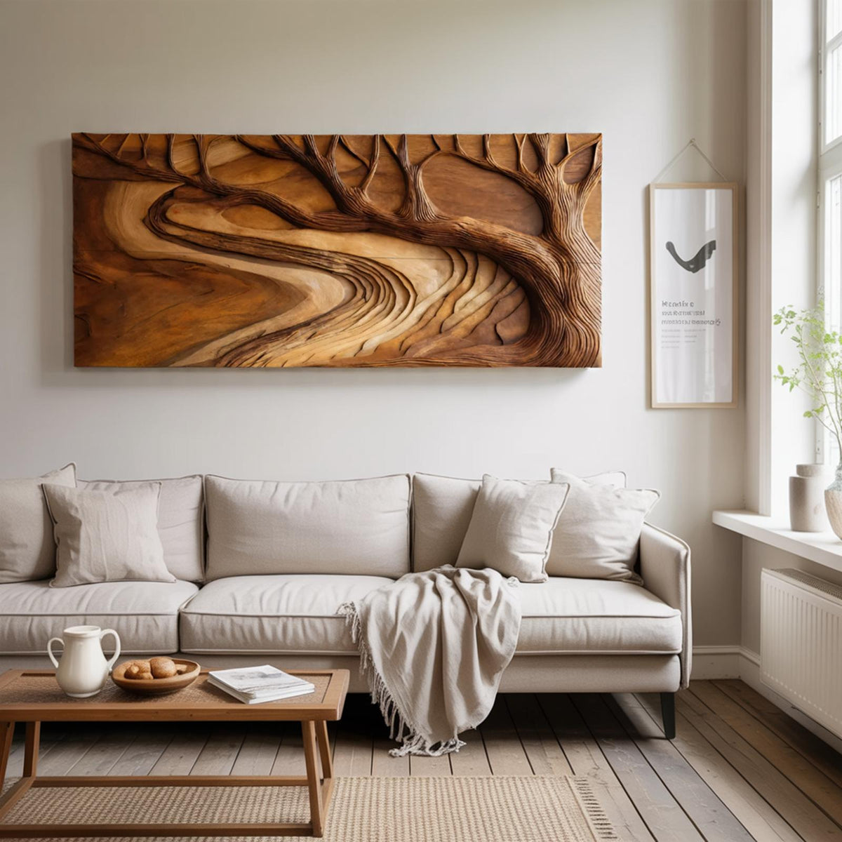 Modern Sculptural Wood Wall Art, Nature Inspired Tree Branch Carved Panel for Living Room & Office Decor