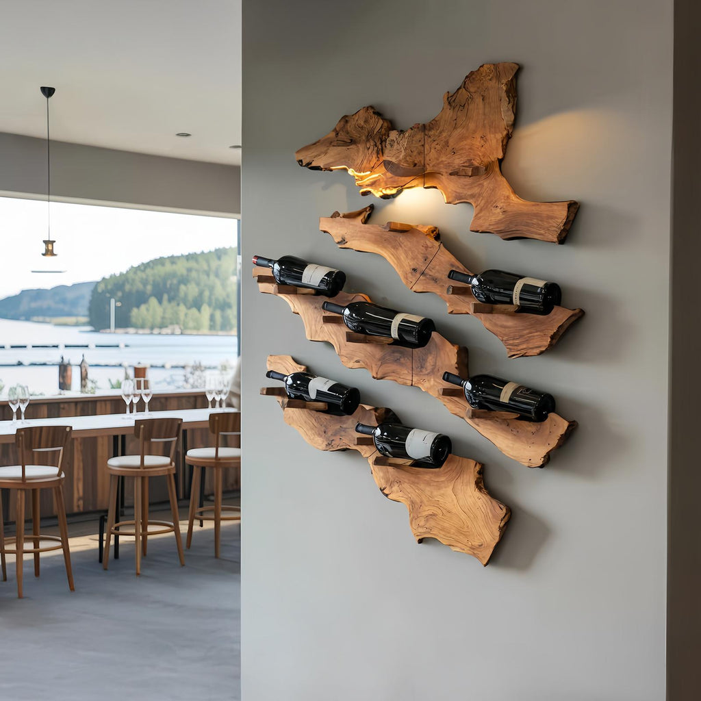 Handcrafted Live Edge Wooden Wine Holder, Rustic Solid Wood Bottle Storage Rack for Bar Decor