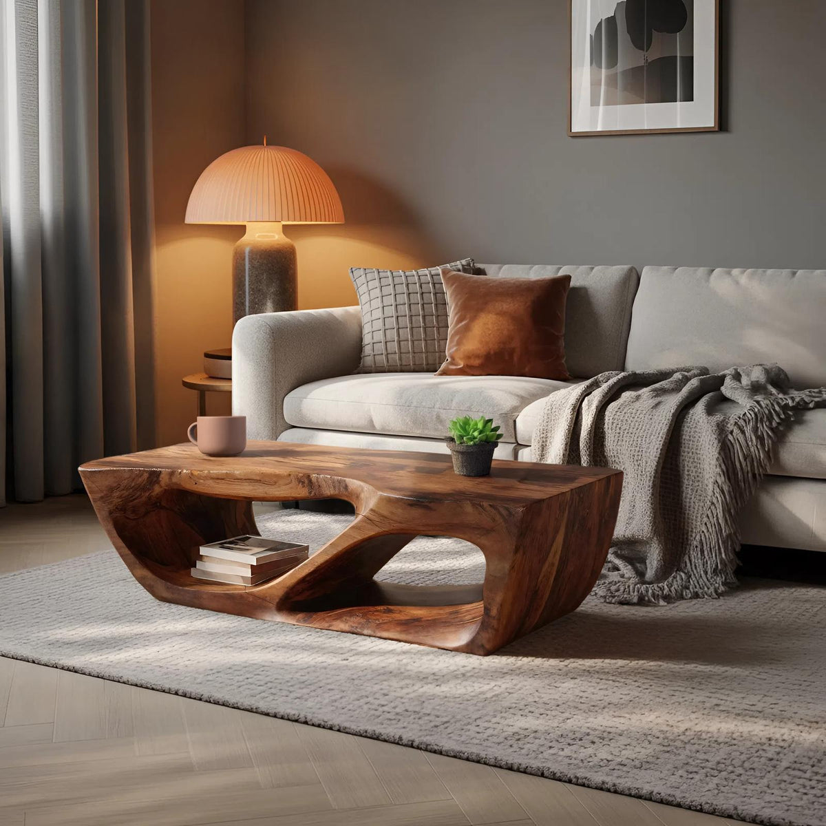 Modern Wooden Coffee Table with Curved Storage Shelf, Low Profile Minimalist Center Table for Living Room, Model
