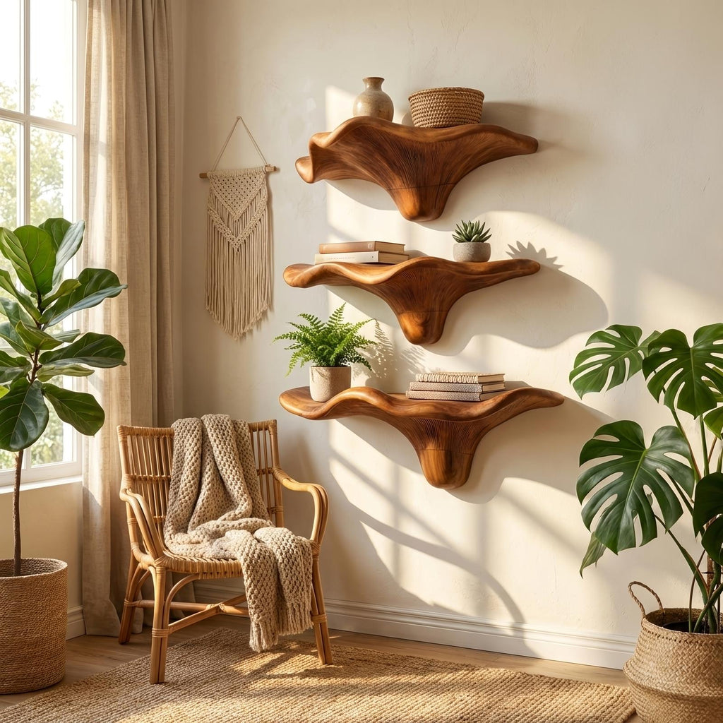 Mid Century Wooden Live Edge Mushroom Shelf For Living Room Decor