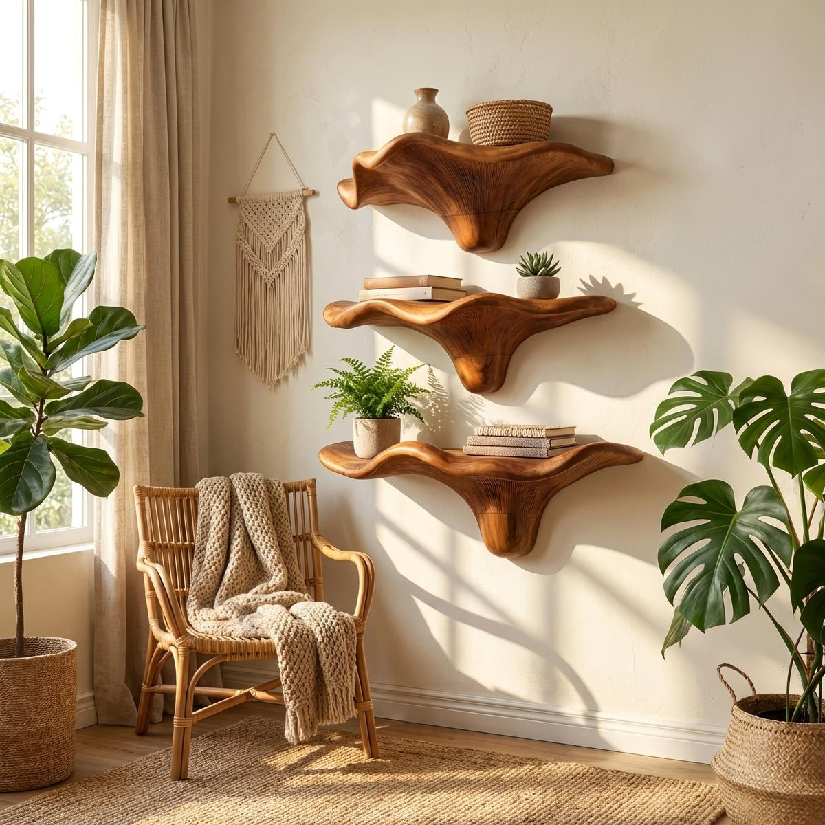 Mid Century Wooden Live Edge Mushroom Shelf For Living Room Decor
