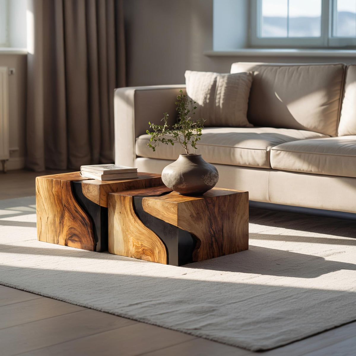 Spry Interior Farmhouse Solid Wood Cube Coffee Table, Rustic Handcrafted Wooden Block End Table & Nightstand for Cozy Bedroom, SILDTTNCF053