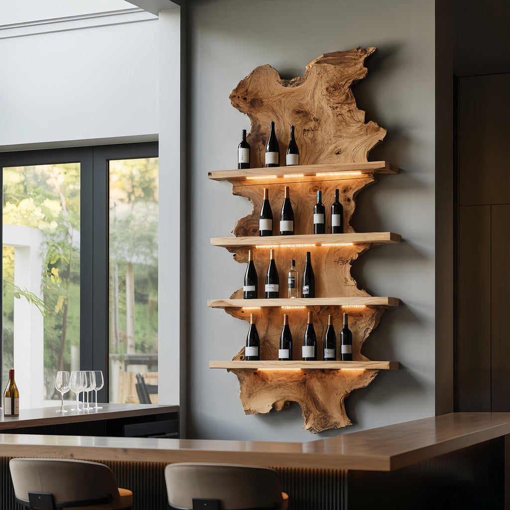 Mid Century Live Edge Wooden Wine Holder, Handcrafted Solid Wood Bottle Display Stand for Bar