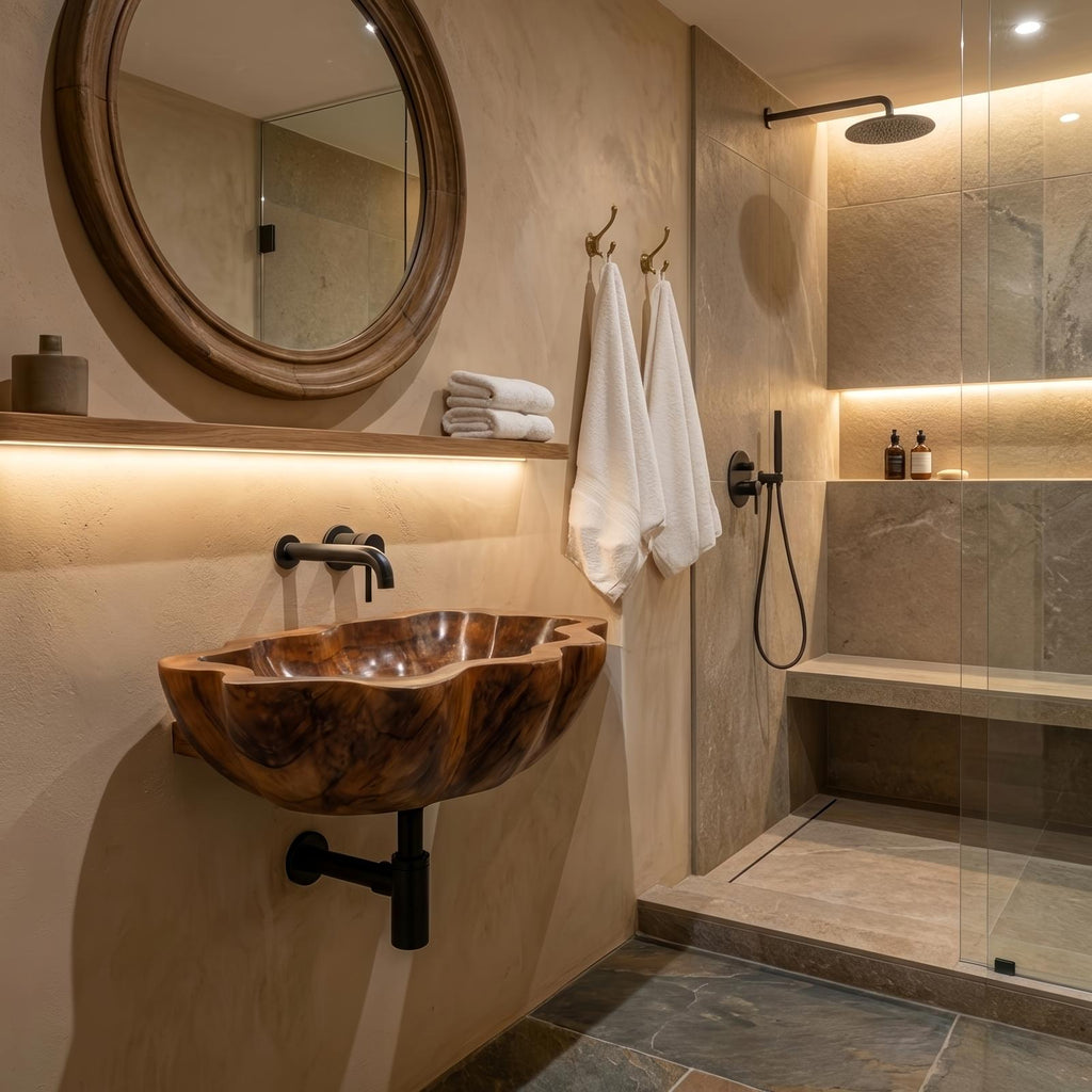 Handcrafted Solid Wood Vessel Sink, Artistic Wooden Bathroom Wash Basin for Vanity Countertops