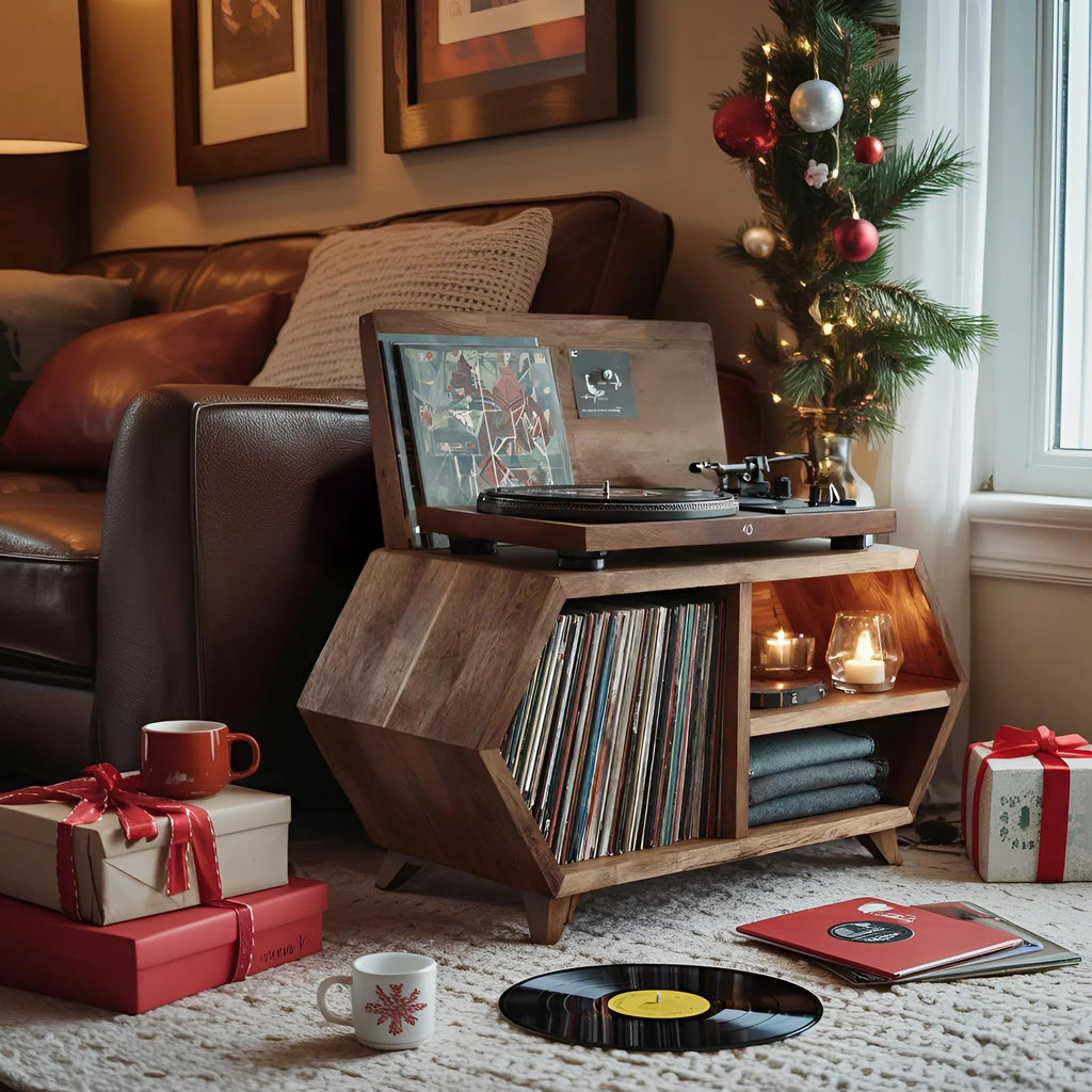 Handcrafted Wooden Record Stand, Rustic LP Vinyl Storage Shelf Organizer Cabinet for Bedroom Holiday Home Decor