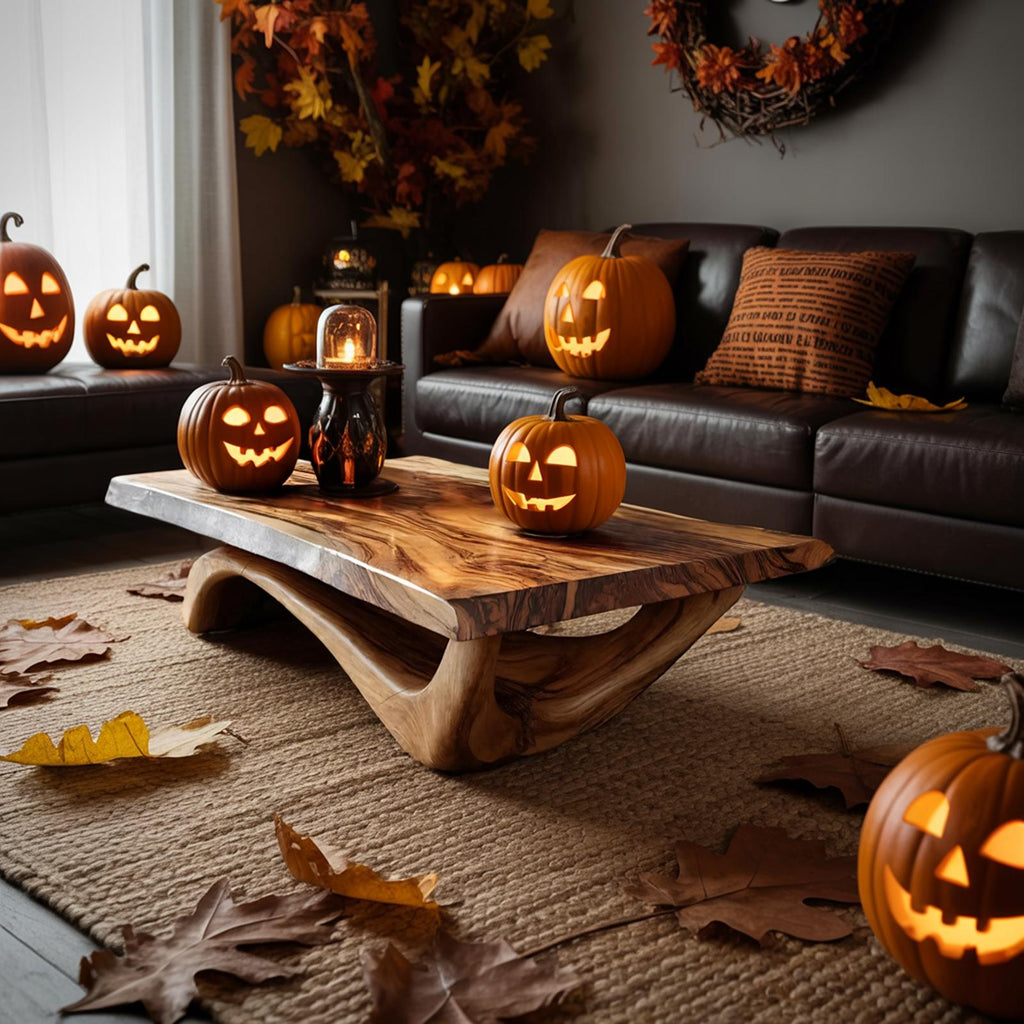 Modern Solid Wood Coffee Table, Spooky Haunted Style Live Edge Wooden Table Top for Halloween Living Room Decor