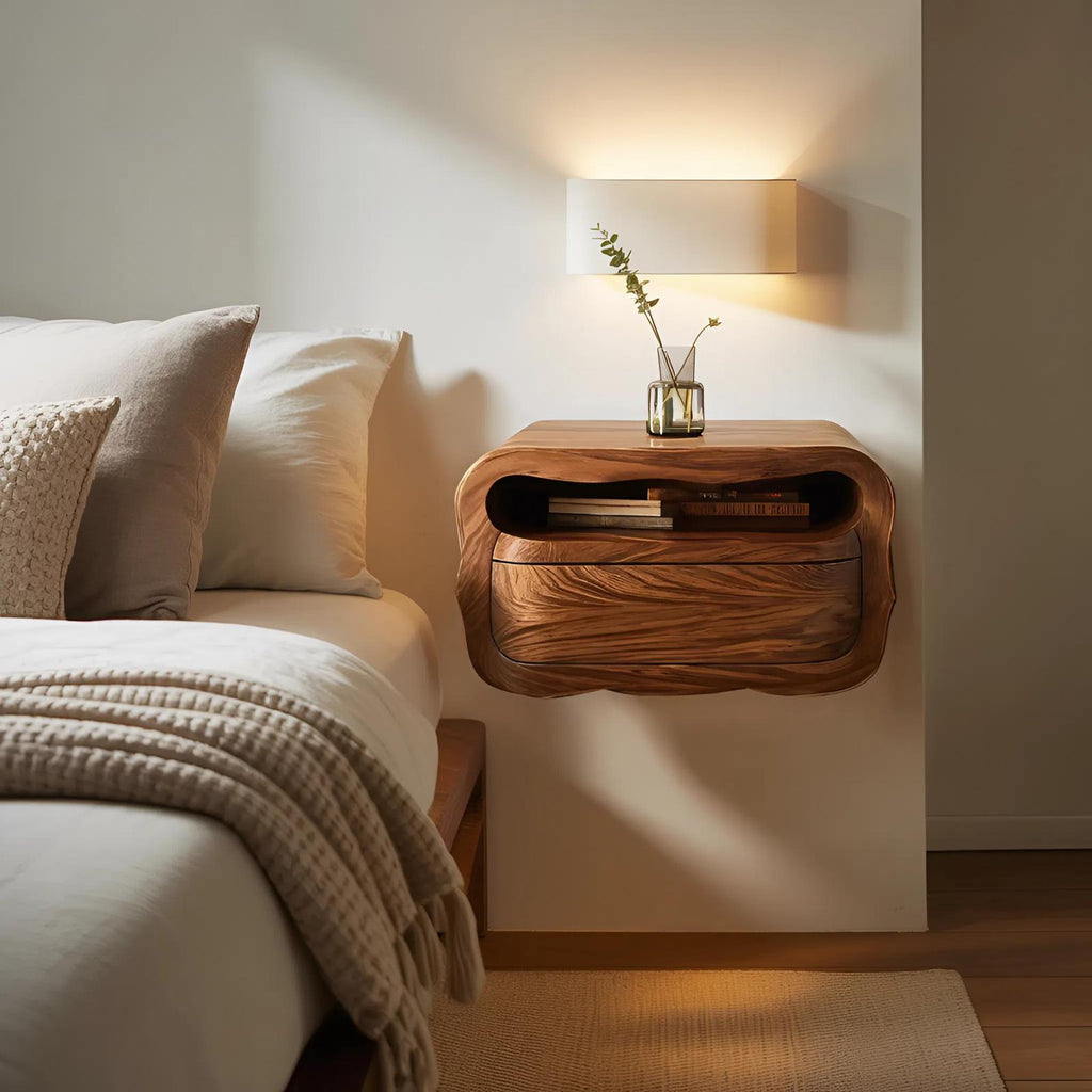 Spry Interior Modern Floating Nightstand with Soft Curves, Wall Mounted Wooden Bedside Table with Drawer, Model RTTHHNNS011