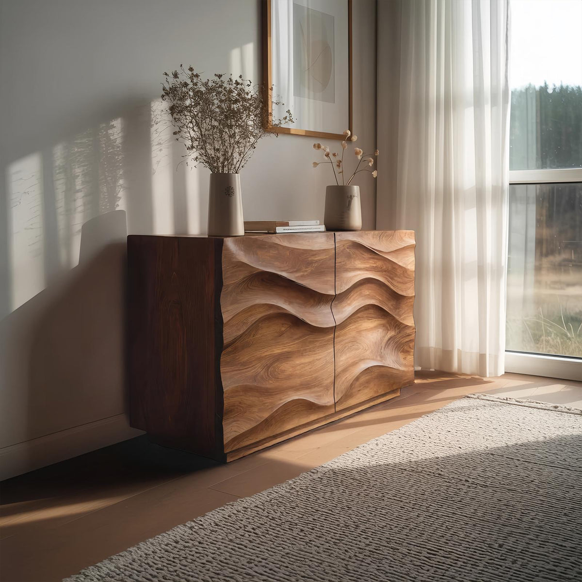 Spry Interior Contemporary Sideboard Sculptural Carved Cabinet, Handcrafted Wood Credenza Storage Console for Living Room, Model RTTHHNSD009