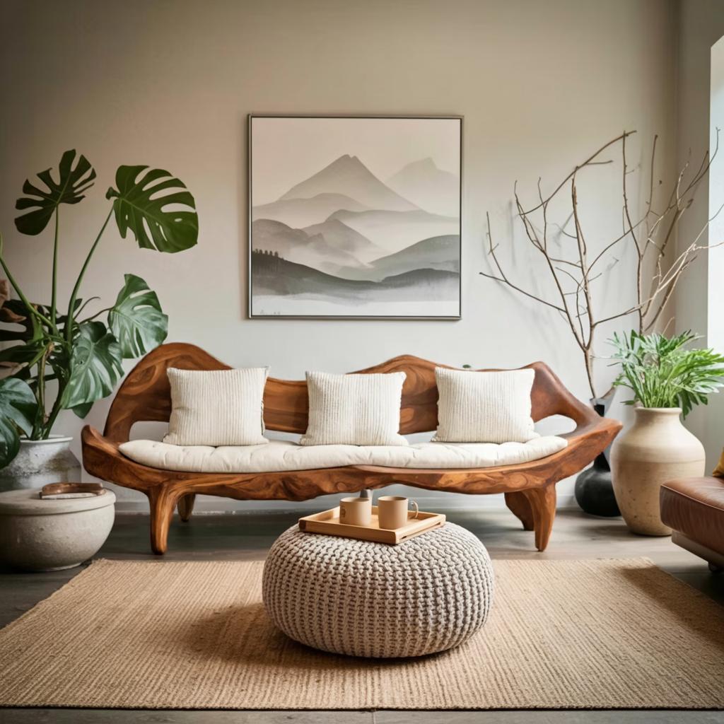 Modern Sofa with Sculptural Wood Frame, Elegant Solid Wood Couch for Living Room, Foyer & Lounge Areas, Model
