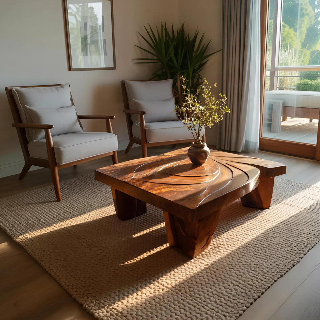 Spry Interior Mid Century Abstract Solid Wood Coffee Table, Handcrafted Wooden Accent Center Table for Living Room, SILDTTRCF070