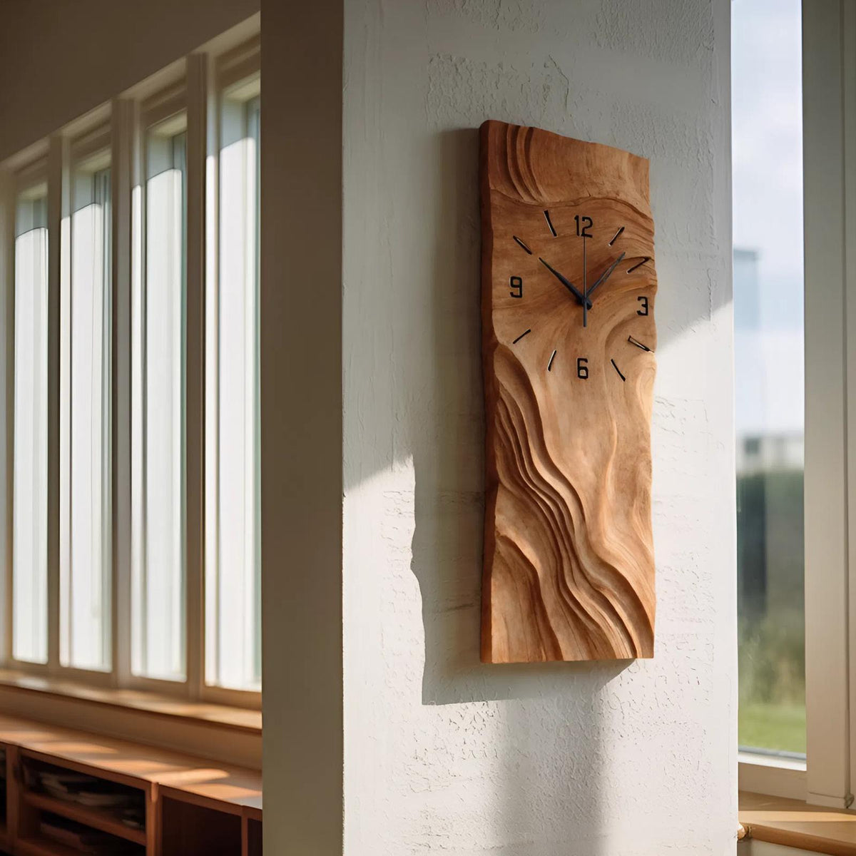 Organic Vertical Sculptural Wall Clock, Handcrafted Modern Wood Hanging Timepiece for Living Room