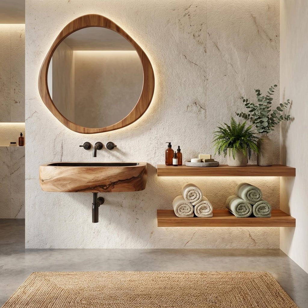 Teezano Mid Century Wall Mounted Wooden Bathroom Vanity Sink, Floating Solid Wood Console Shelf, SILDTTNVS029