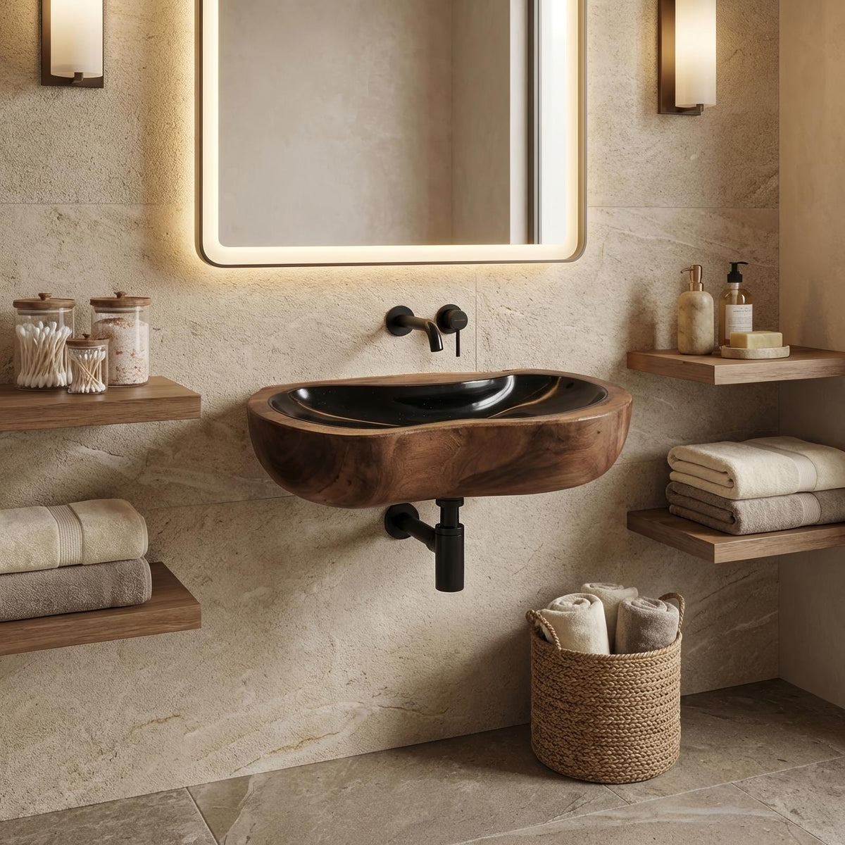 Farmhouse Solid Wood Vessel Sink, Rustic Handcrafted Wooden Bathroom Wash Basin for Vanity Decor