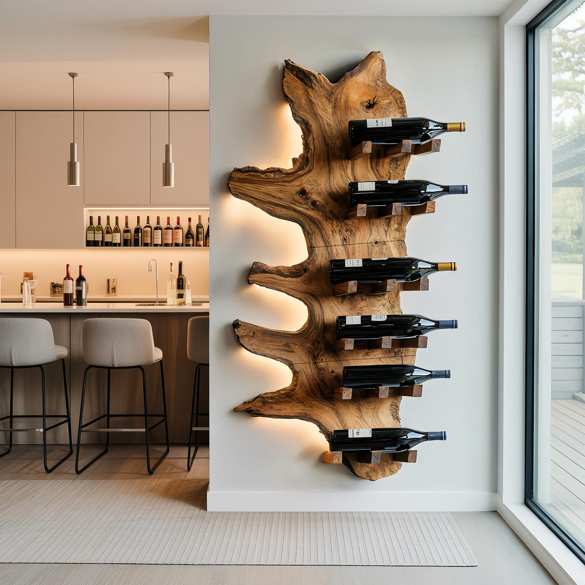 Modern Live Edge Wooden Wine Rack, Handcrafted Solid Wood Bottle Storage Holder Display Shelf
