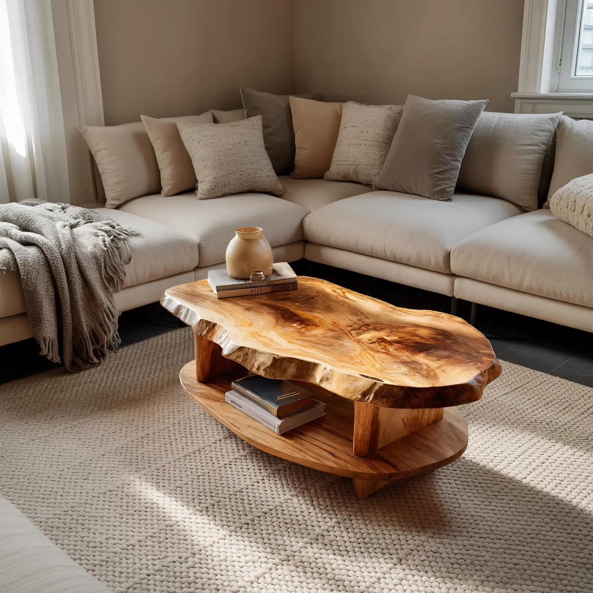 Rustic Wooden Coffee Table with Live Edge & Open Storage Shelf, Solid Wood Center Table, Model