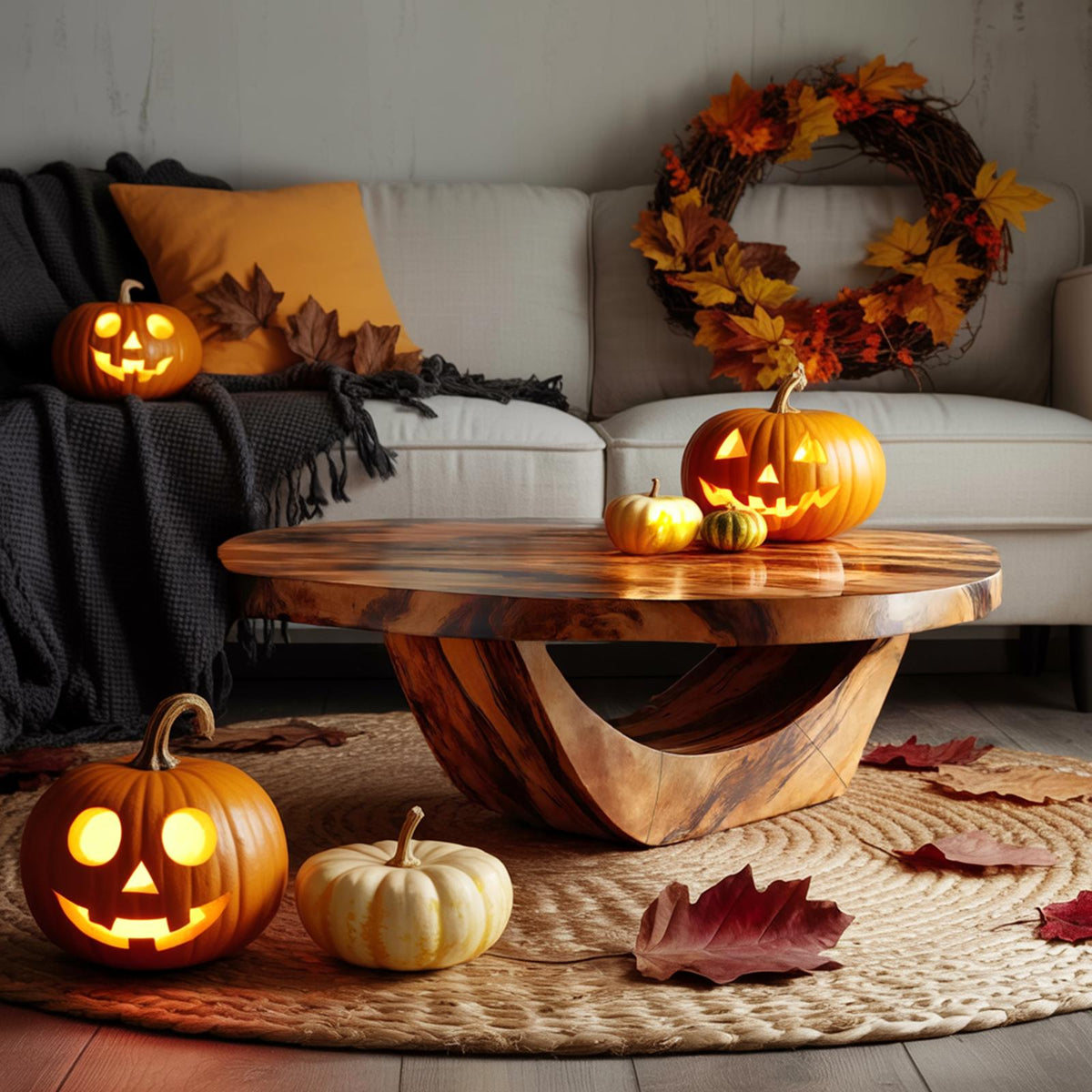 Modern Solid Wood Coffee Table, Ghostly Halloween Style Sculptural Live Edge Accent Table for Living Room