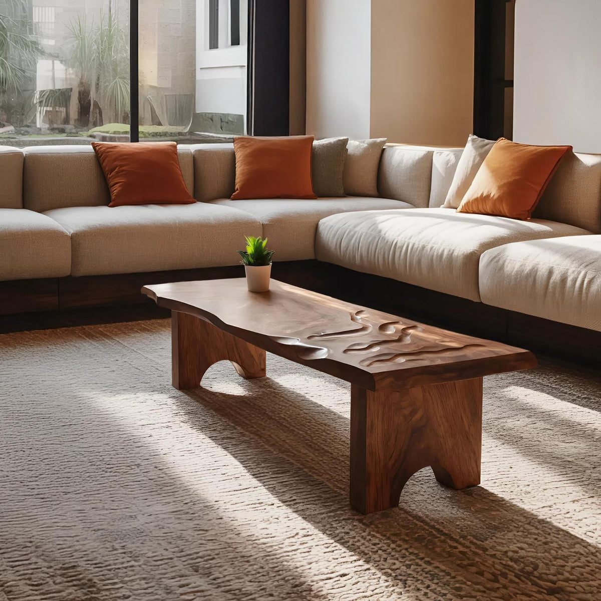 Mid Century Modern Abstract Solid Wood Coffee Table, Unique Handcrafted Organic Shaped Low Center Table for Living Room Entryway, SILDTTRCF097