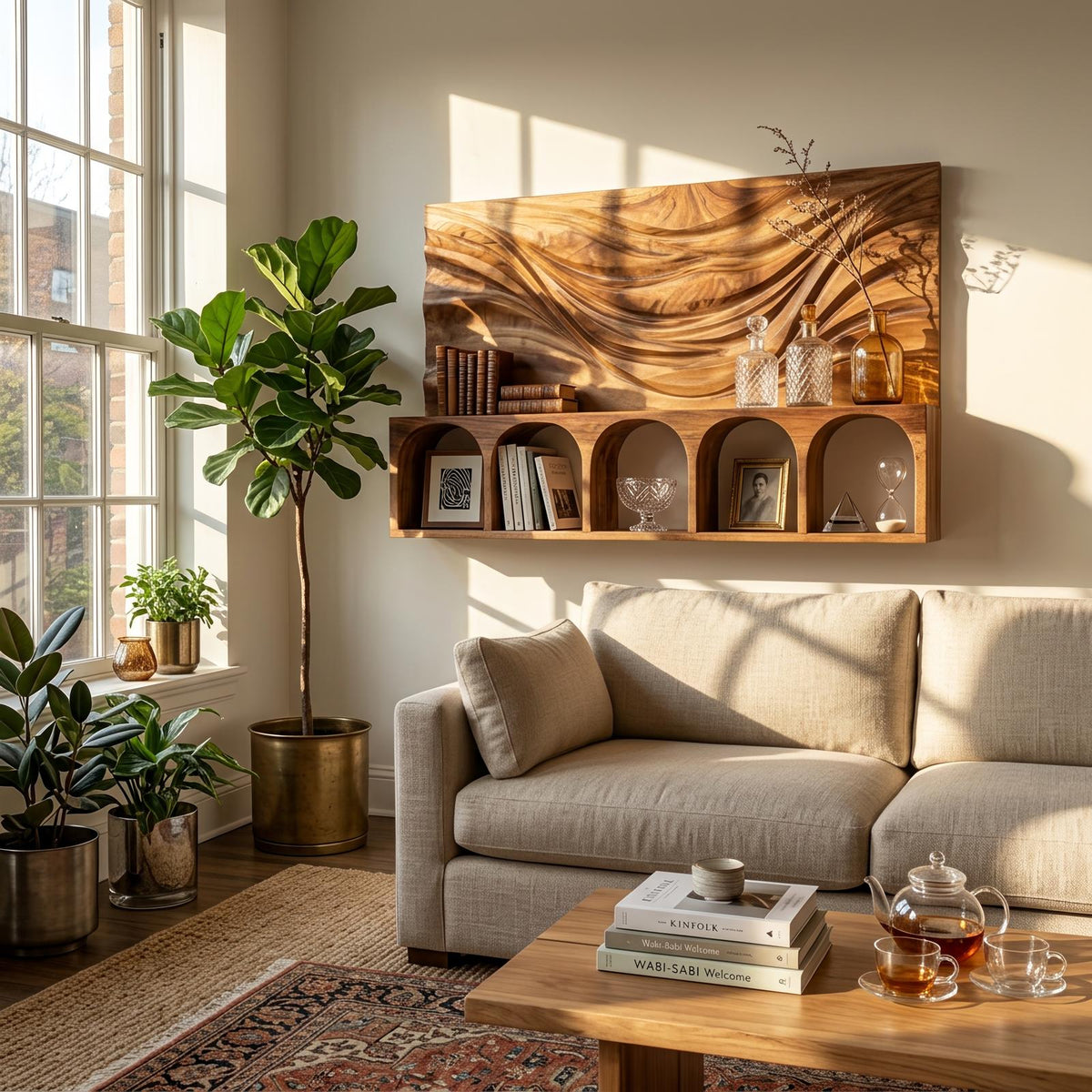 Mid-Century Natural Wood Floating Shelf, Wall Mounted Kitchen Storage & Spice Rack Display