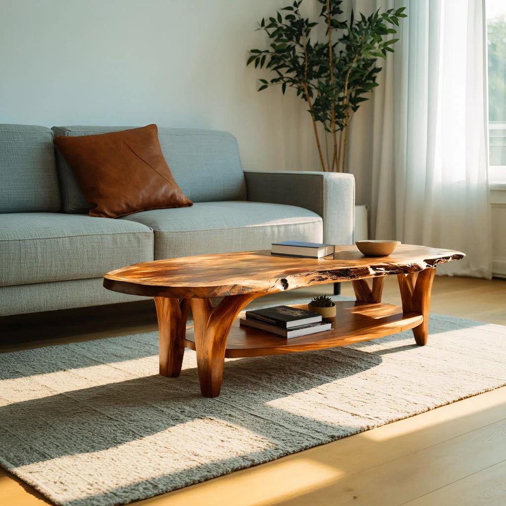 Modern Live Edge Wooden Coffee Table, Rustic Solid Wood Center Table for Living Room Decor, Model