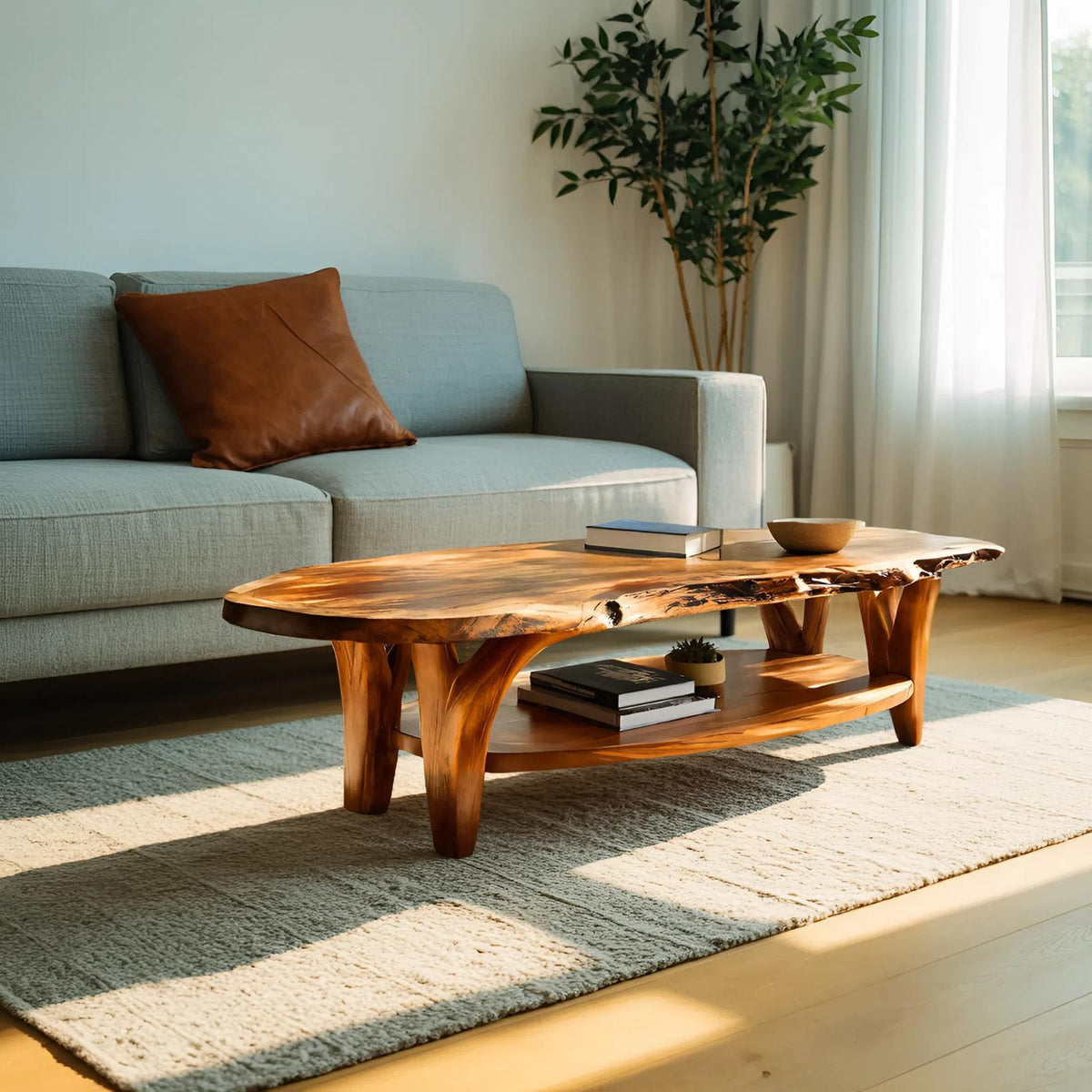 Modern Live Edge Wooden Coffee Table, Rustic Solid Wood Center Table for Living Room Decor, Model