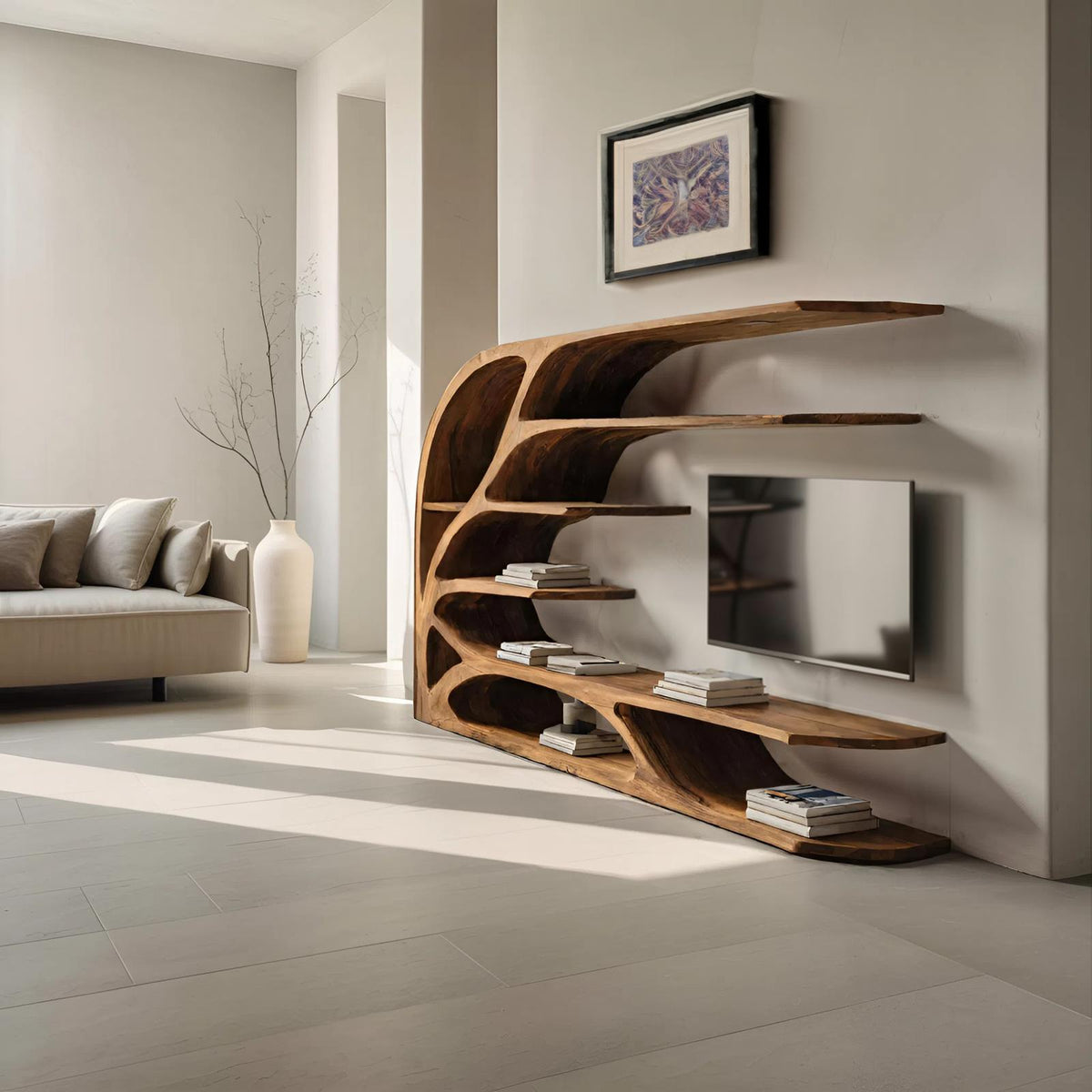 Modern Sculptural Wavy Carved Media Console For Living Room