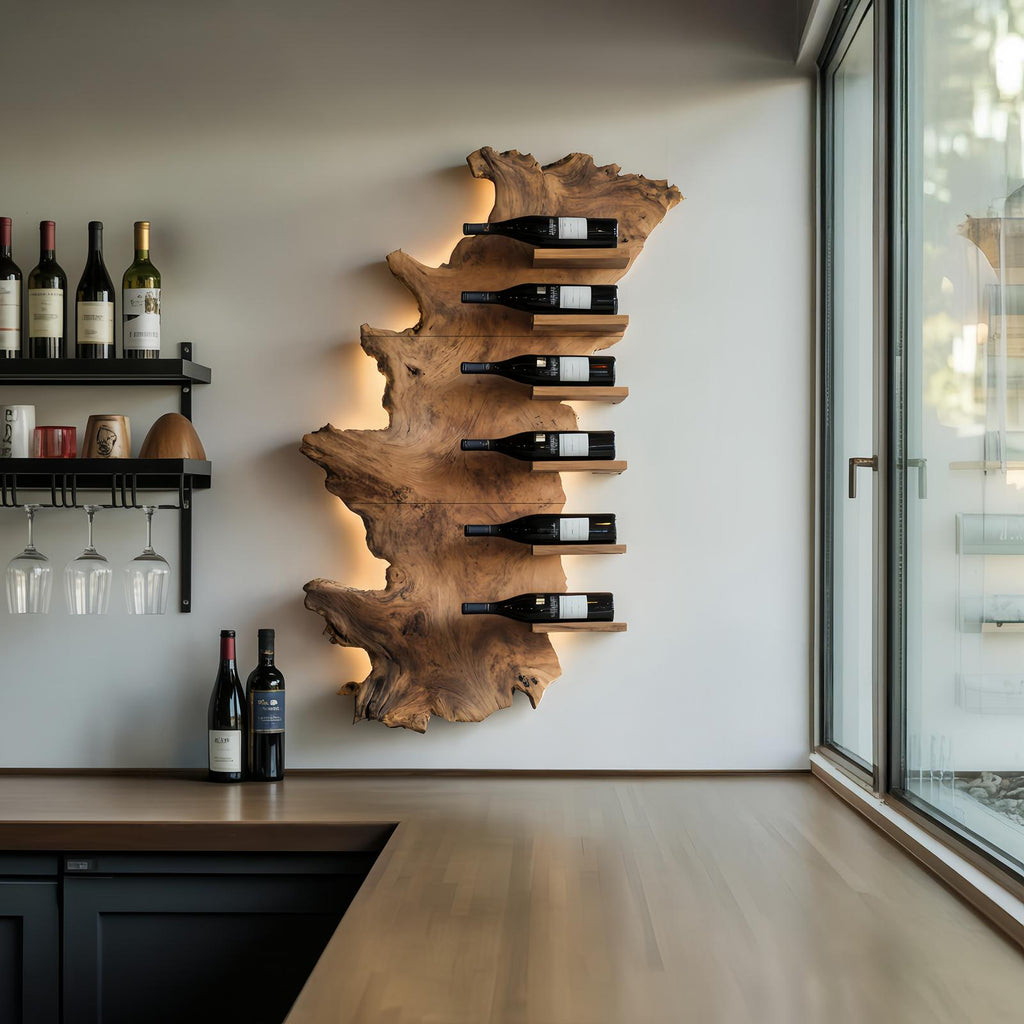 Handcrafted Live Edge Wooden Wine Holder, Rustic Solid Wood Bottle Storage Shelf for Bar Display