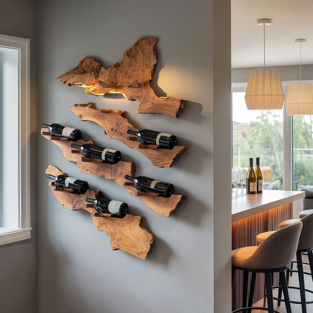 Handcrafted Live Edge Wooden Wine Holder, Rustic Solid Wood Bottle Storage Rack for Bar Decor