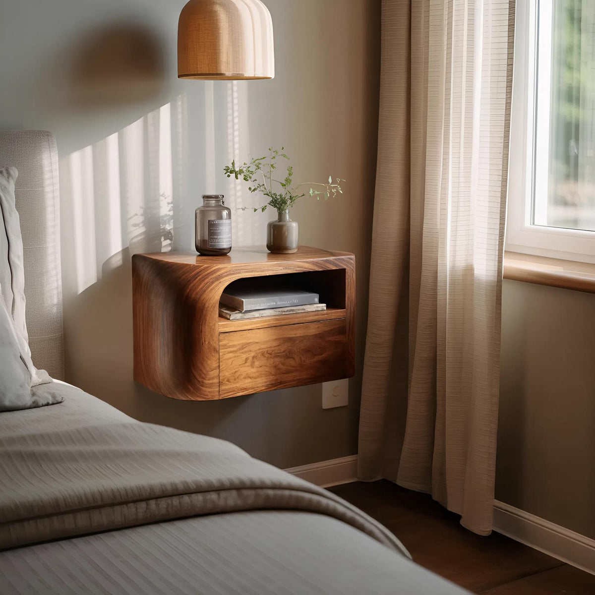 Spry Interior Modern Floating Nightstand, Minimalist Wall Mounted Wood Bedside Table with Drawer for Bedroom, Model RTTHHNNS008
