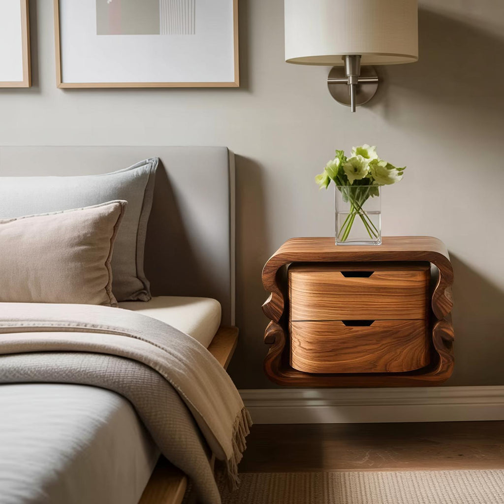 Spry Interior Sculptural Floating Nightstand, Modern Wall Mounted Wooden Bedside Table with Open Shelf, Model RTTHHNNS009