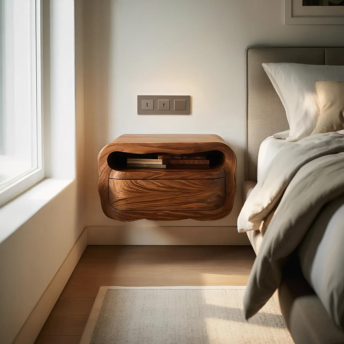 Spry Interior Modern Floating Nightstand with Soft Curves, Wall Mounted Wooden Bedside Table with Drawer, Model RTTHHNNS011