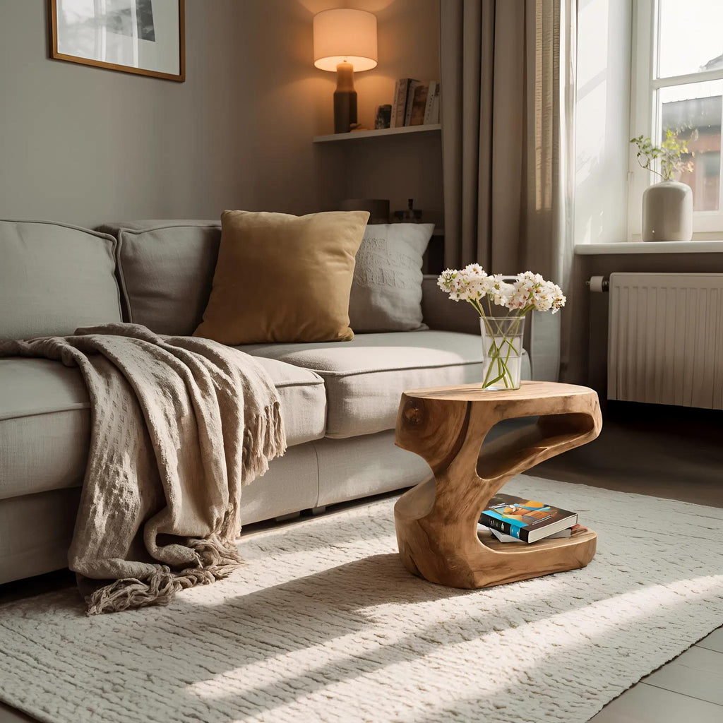 Artistic Side Table with Storage Shelf, Handcrafted Solid Wood End Table & Nightstand for Living Room, Model
