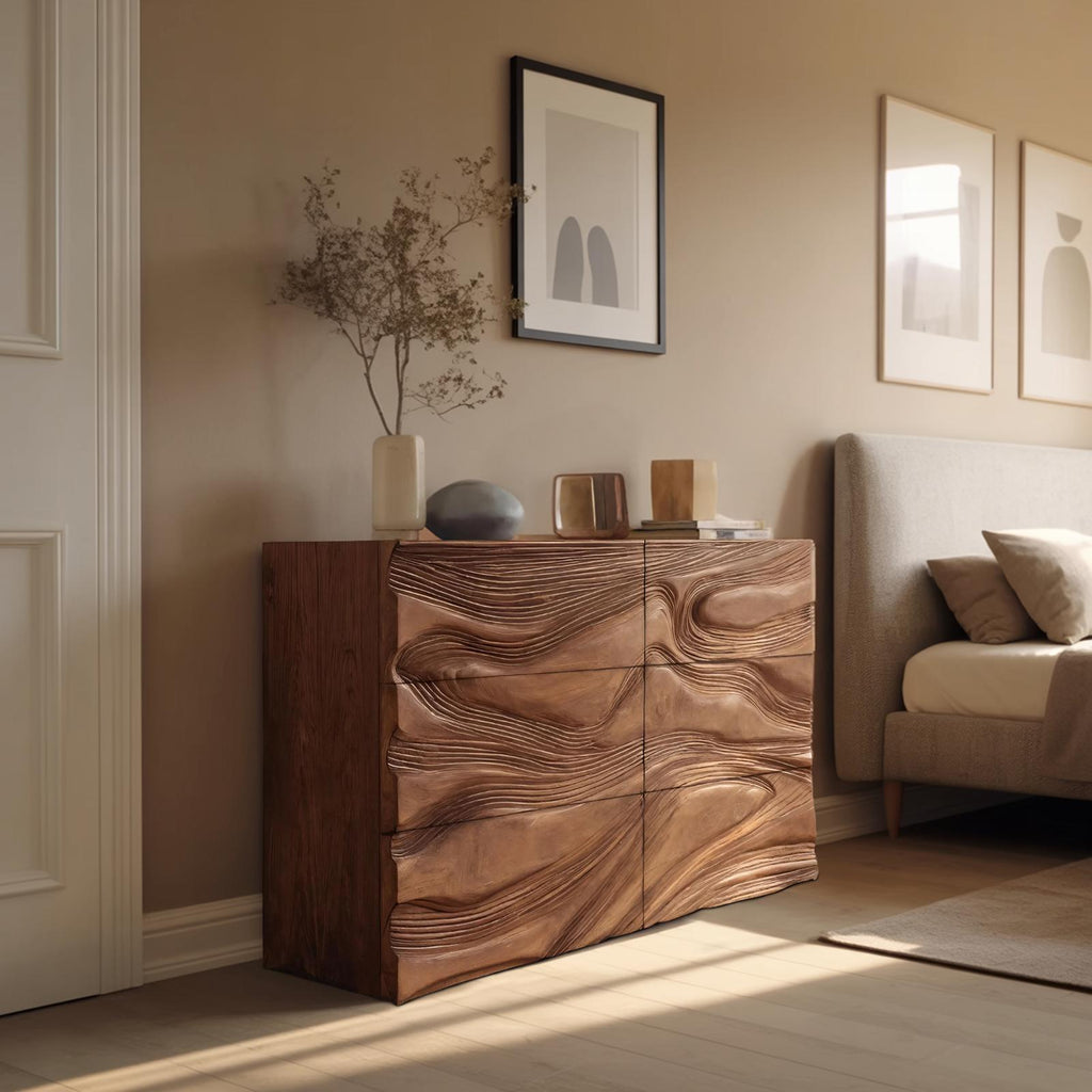 Minimalist Wooden Sideboard with Sculpted Wave Front, Handcrafted Solid Wood Credenza for Living Room Decor, Model