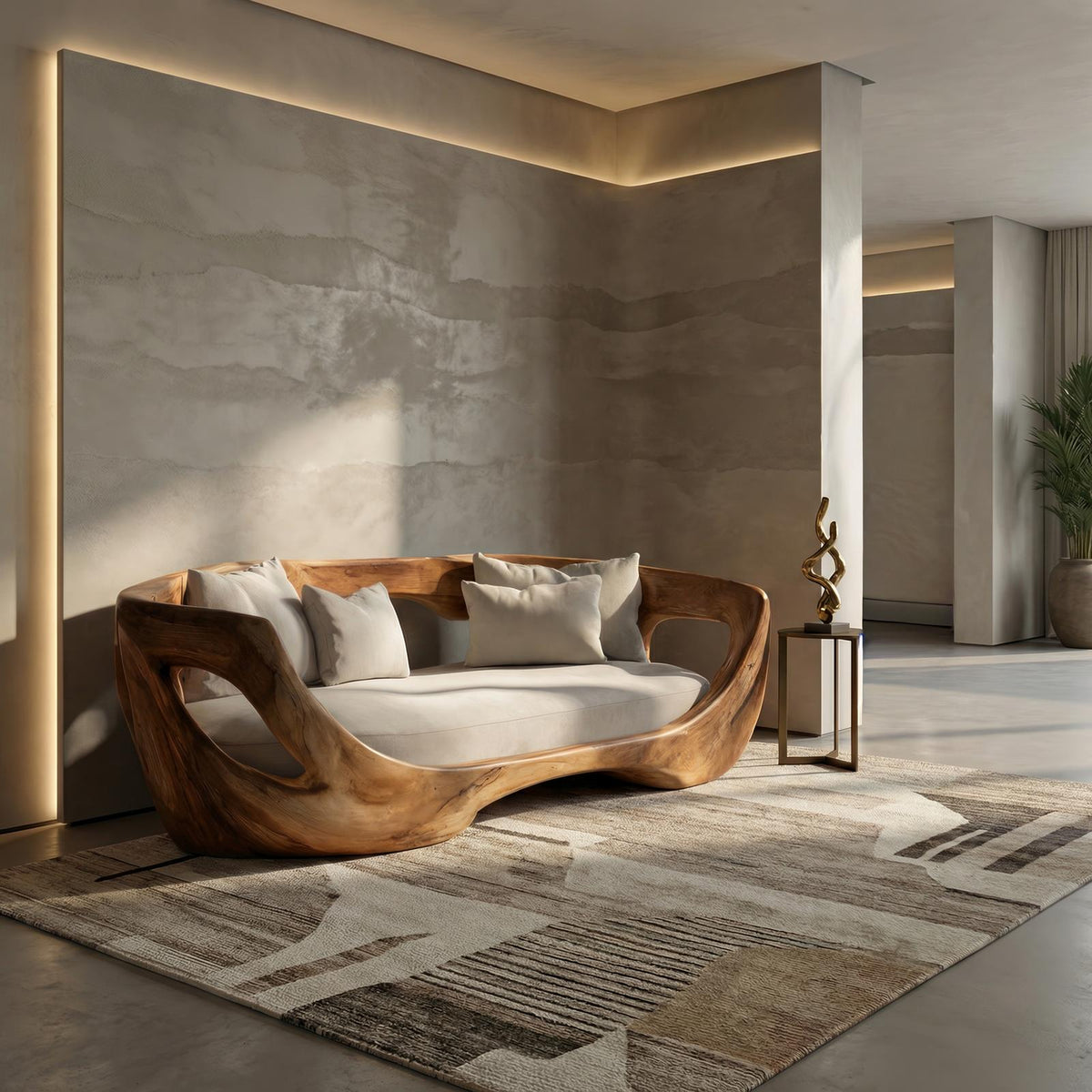 Modern Curved Wooden Sofa, Contemporary Loveseat Settee Couch for Living Room Bedroom Lounge Seating