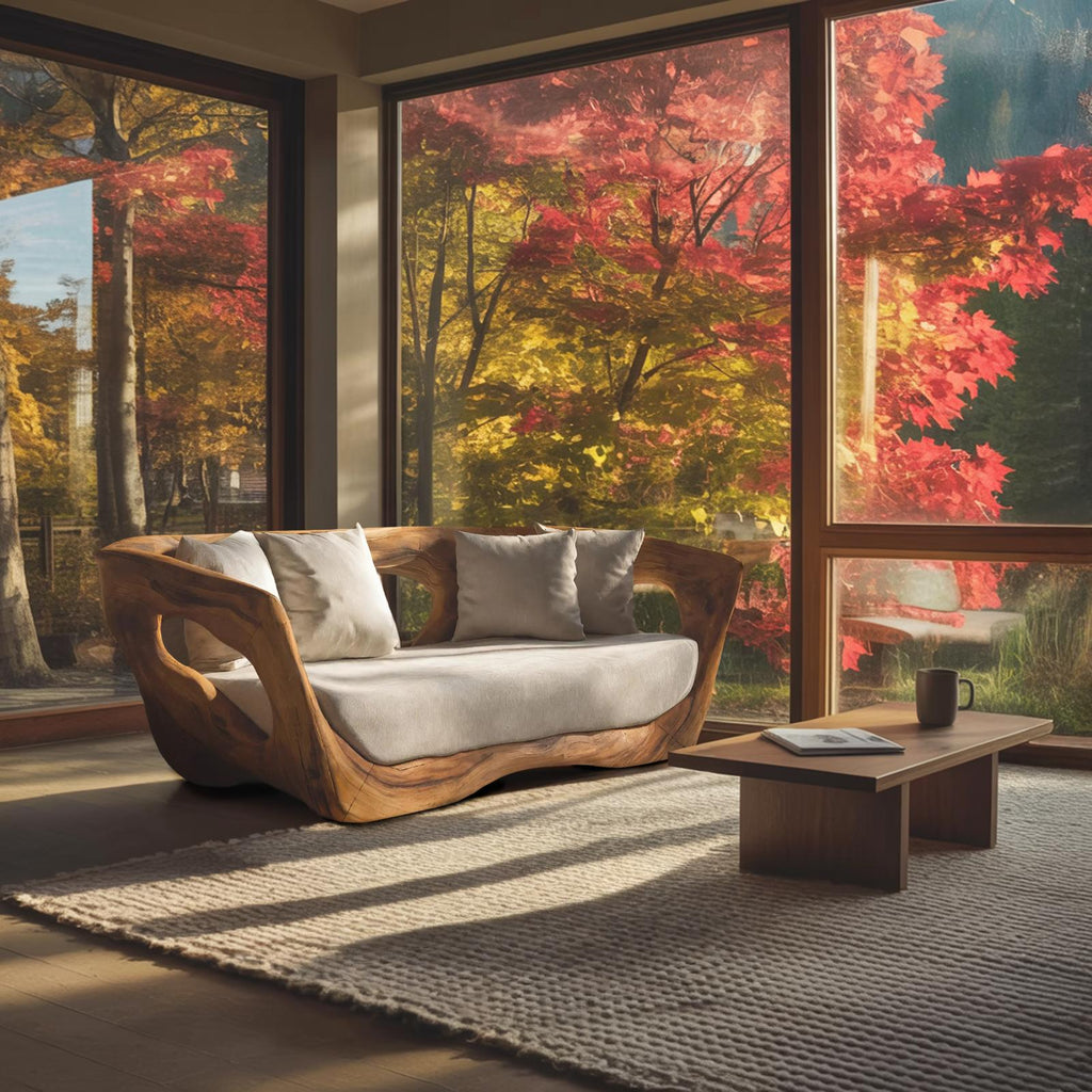 Modern Sculpted Wooden Sofa, Contemporary Lounge Couch Settee, Artistic Designer Loveseat for Living Room