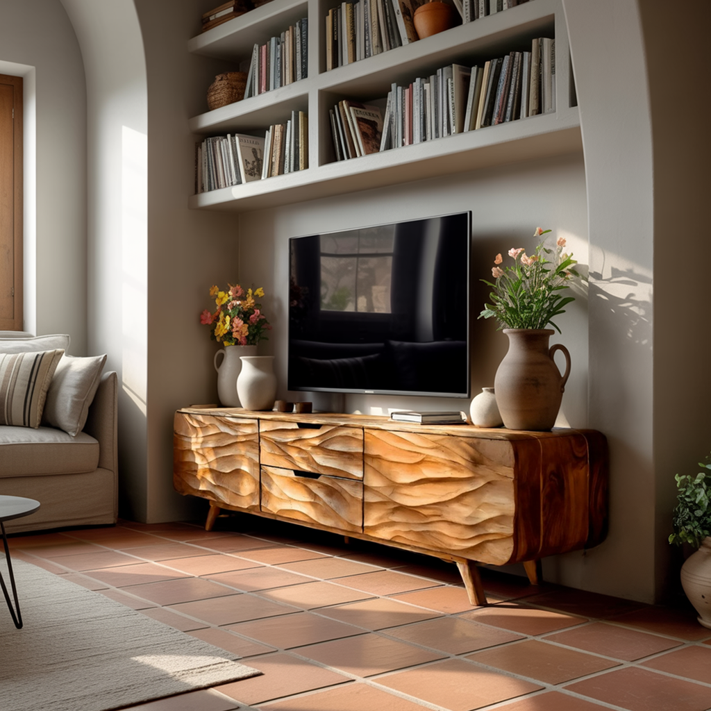 Handcrafted Wooden TV Stand with Stylish Storage Cabinets, Modern Artisan Media Console for Living Room