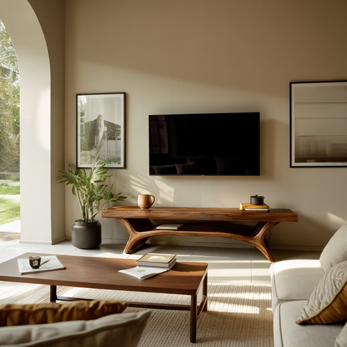 Architectural Wooden TV Stand with Open Storage Shelf, Mid-Century Modern Media Console for Living Room