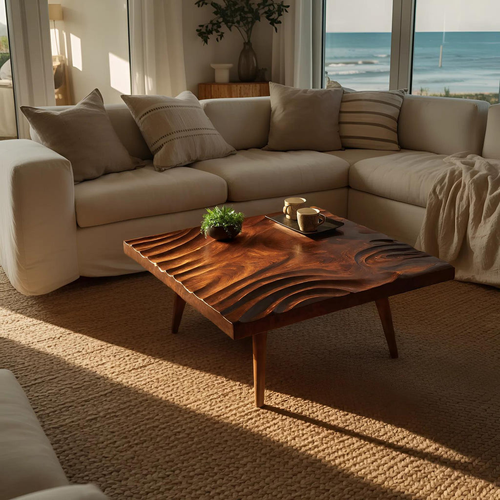 Handcrafted Irregular Solid Wood Coffee Table, Rustic Natural Wood Living Room Center Accent Table