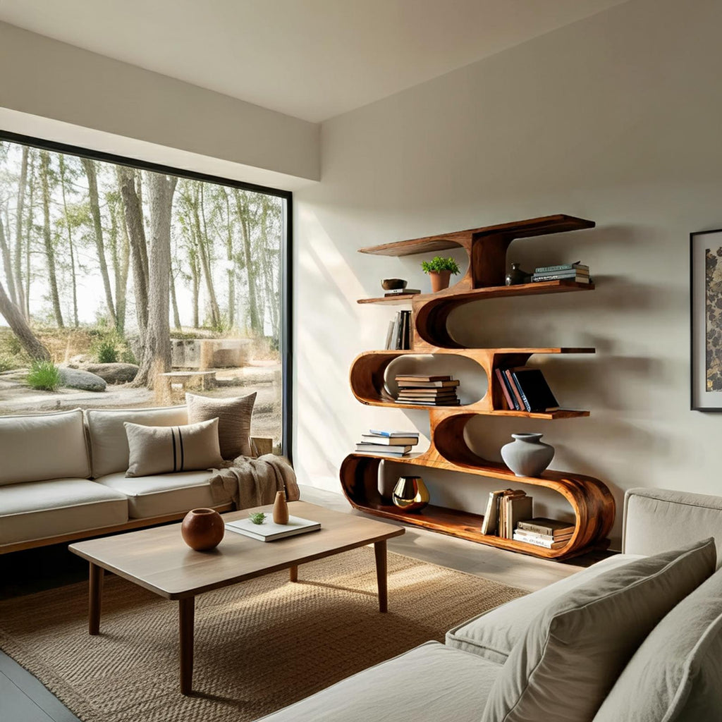Artistic Curved Bookcase, Handcrafted Wood Bookshelf with Sculptural Design for Modern Living Room Decor