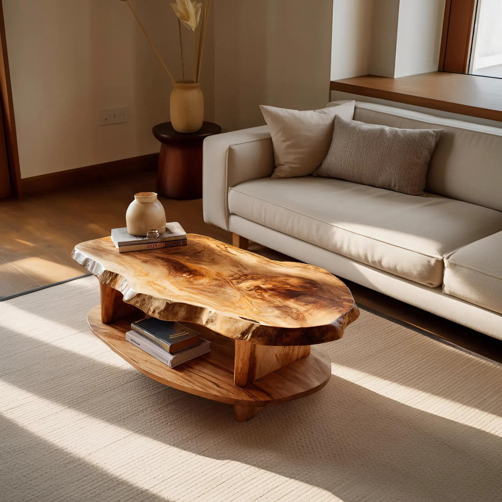 Rustic Wooden Coffee Table with Live Edge & Open Storage Shelf, Solid Wood Center Table, Model