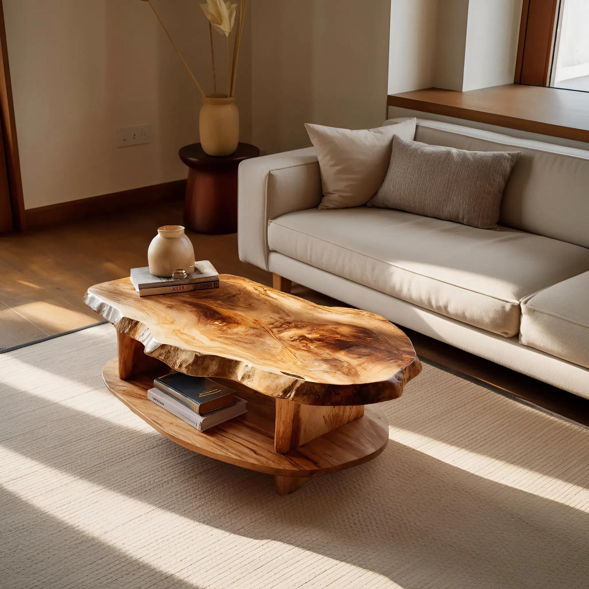 Rustic Wooden Coffee Table with Live Edge & Open Storage Shelf, Solid Wood Center Table, Model
