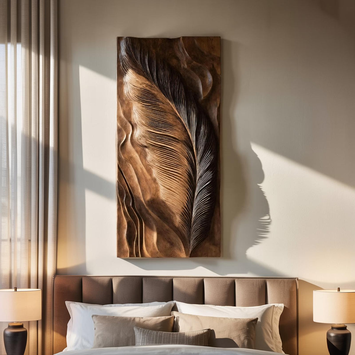 Hand-Carved Feather Wood Wall Art, 3D Natural Wooden Feather Sculpture Panel for Modern Living Room